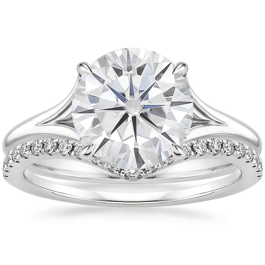 18KW Moissanite Reverie Ring with Flair Diamond Ring (1/6 ct. tw.), top view