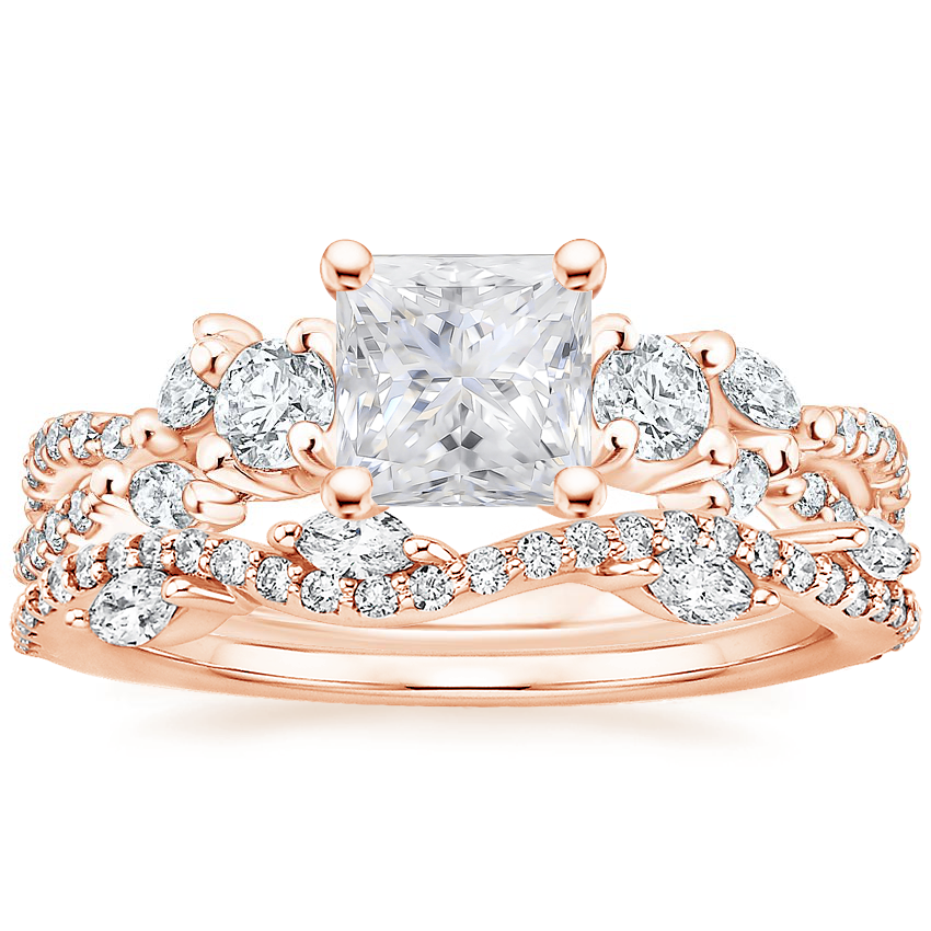 14K Rose Gold Three Stone Luxe Willow Diamond Ring with Luxe Winding Willow Diamond Ring