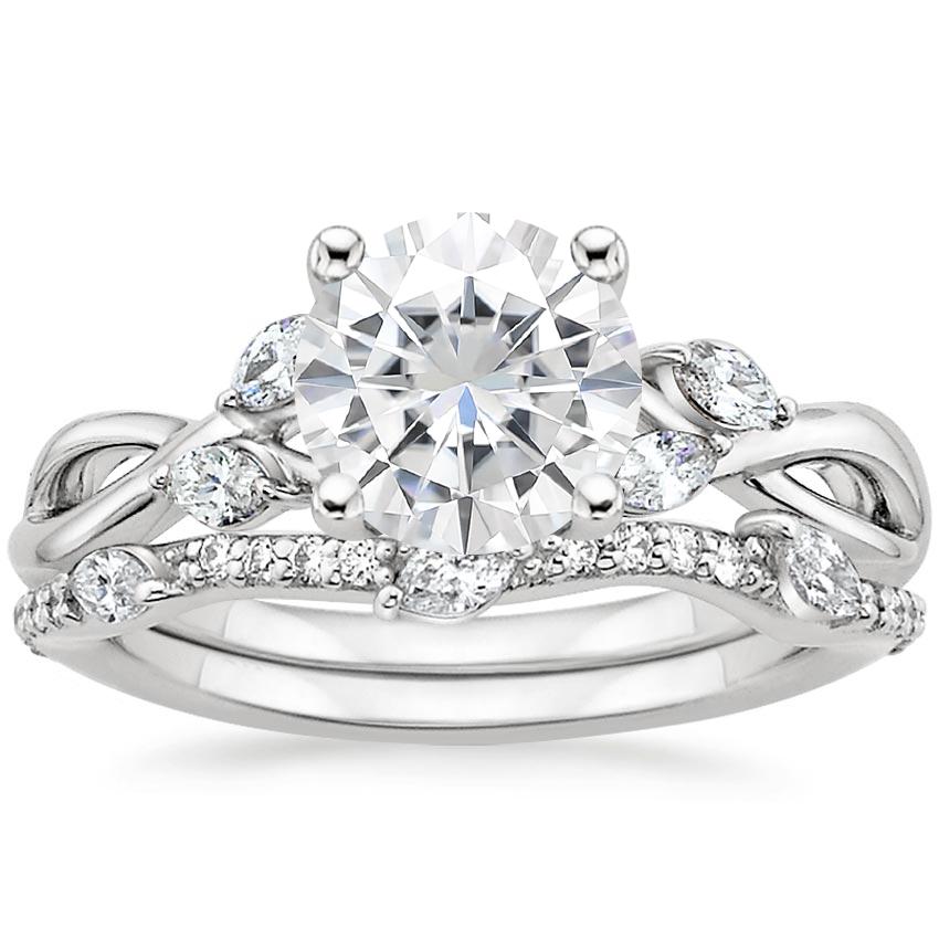 18KW Moissanite Willow Diamond Ring (1/8 ct. tw.) with Luxe Willow Diamond Wedding Ring (1/5 ct. tw.), top view