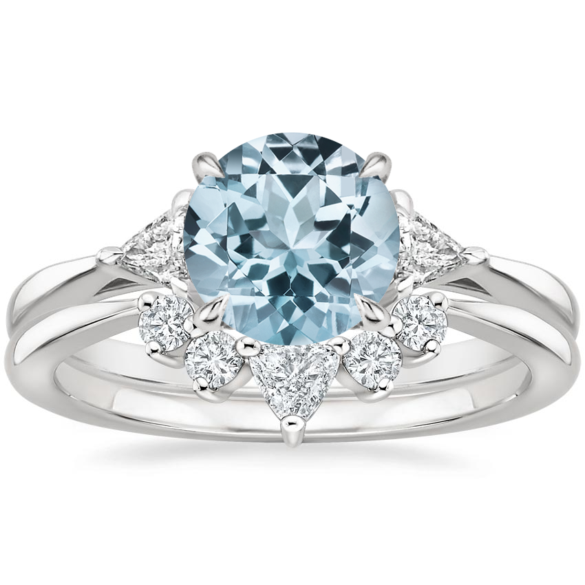 PT Aquamarine Trillion Three Stone Diamond Engagement Ring with Hadley Contoured Diamond Ring, top view