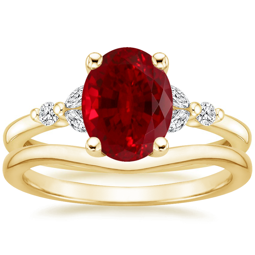 18K Yellow Gold Verbena Diamond Ring with Petite Curved Wedding Ring