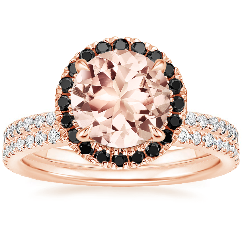 14KR Morganite Waverly Diamond Ring with Black Diamond Accents with Luxe Ballad Diamond Ring, top view