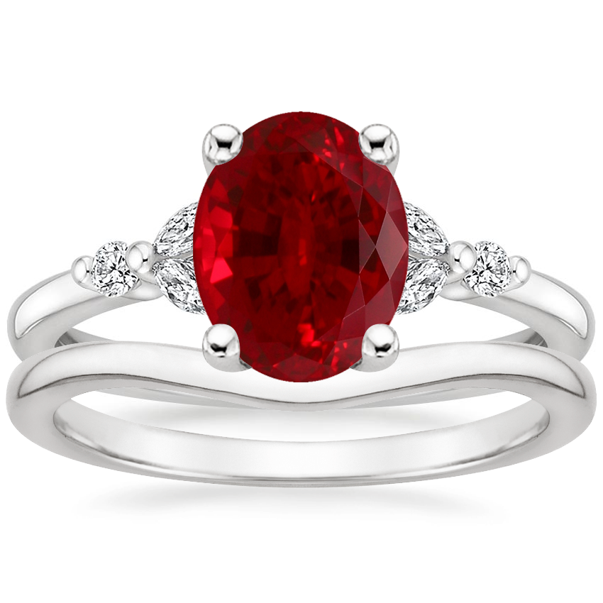 18K White Gold Verbena Diamond Ring with Petite Curved Wedding Ring
