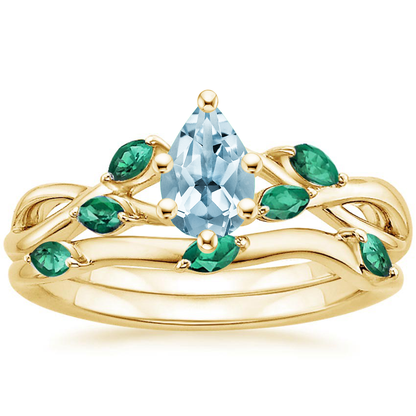 18KY Aquamarine Willow Bridal Set With Lab Emerald Accents, top view