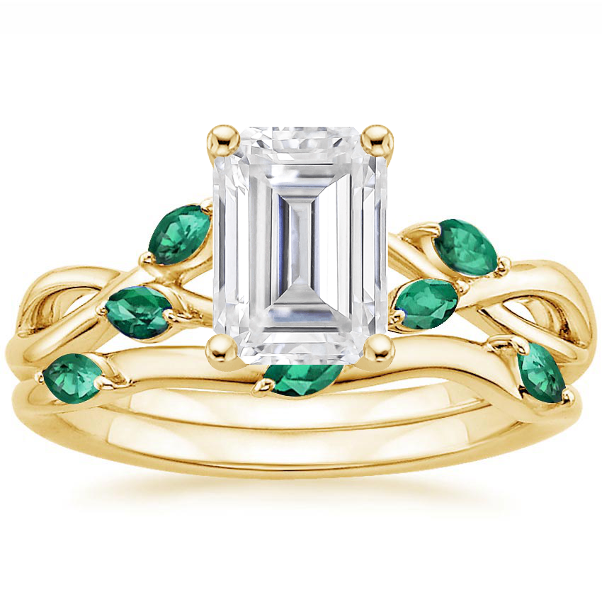 18KY Moissanite Willow Bridal Set With Lab Emerald Accents, top view