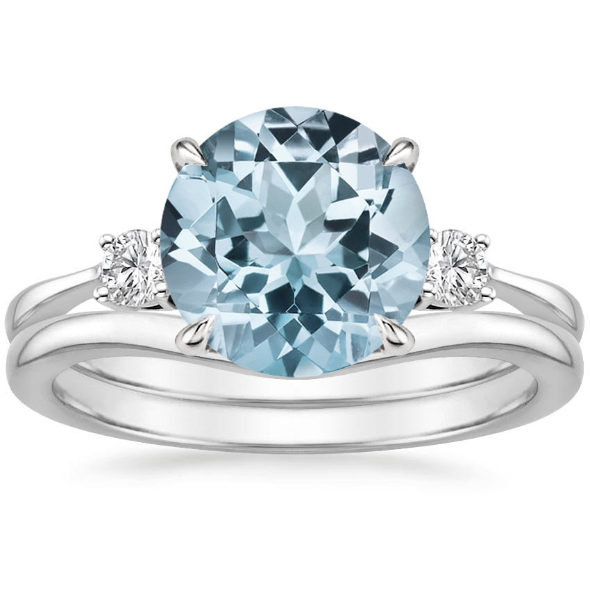 PT Aquamarine Selene Diamond Ring (1/10 ct. tw.) with Petite Curved Wedding Ring, top view
