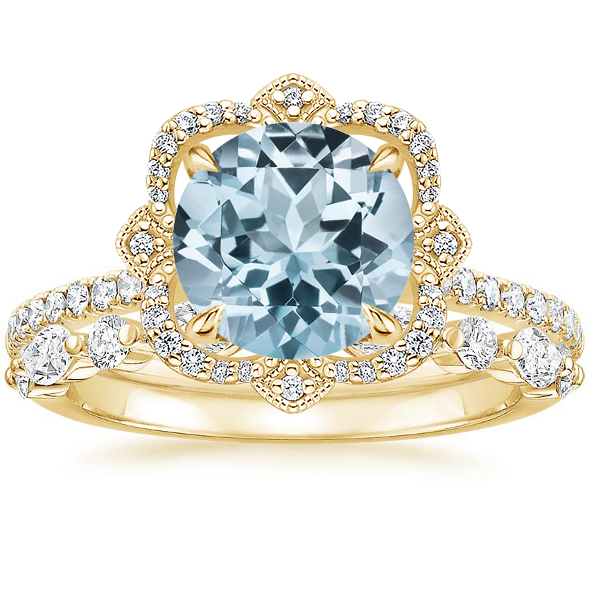 18KY Aquamarine Reina Diamond Ring with Versailles Diamond Ring (3/8 ct. tw.), top view