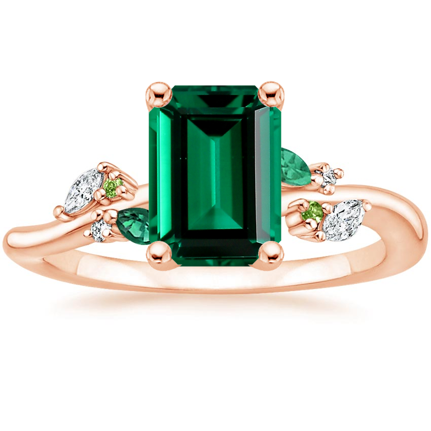 14K Rose Gold Arden Diamond Ring with Lab Emerald Accents, large top view