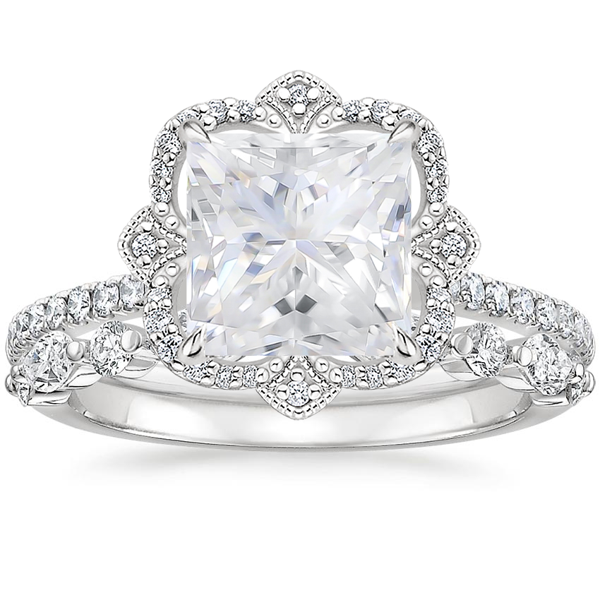 18KW Moissanite Reina Diamond Ring with Versailles Diamond Ring (3/8 ct. tw.), top view
