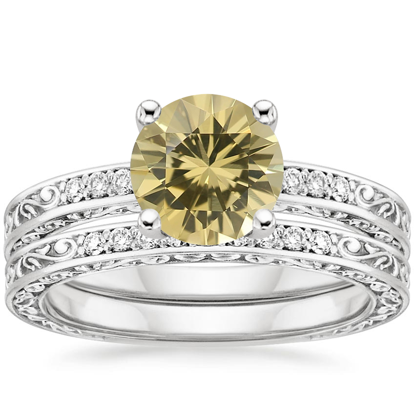 18K White Gold Delicate Antique Scroll Diamond Bridal Set