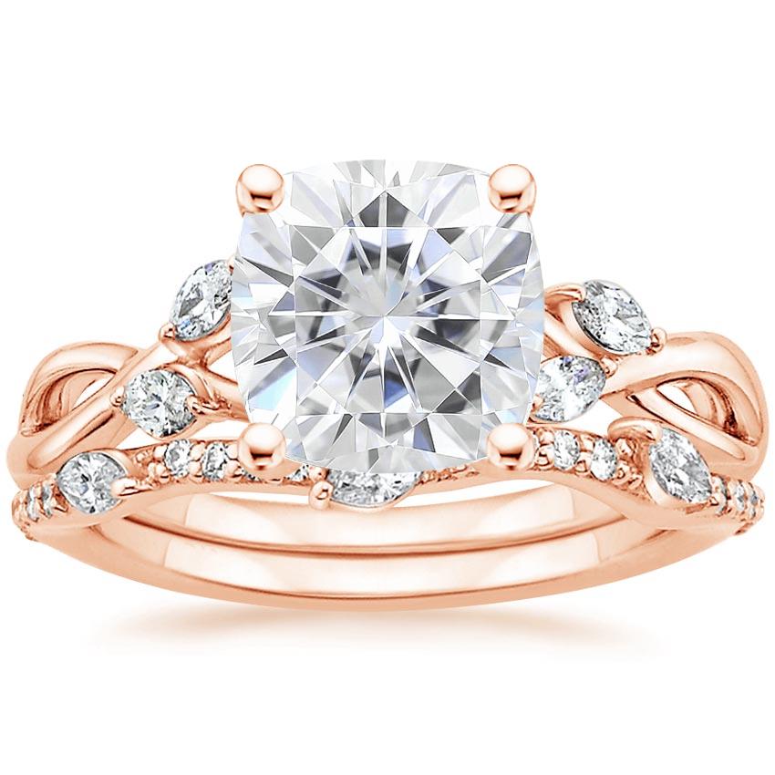 14KR Moissanite Willow Diamond Ring (1/8 ct. tw.) with Luxe Willow Diamond Wedding Ring (1/5 ct. tw.), top view