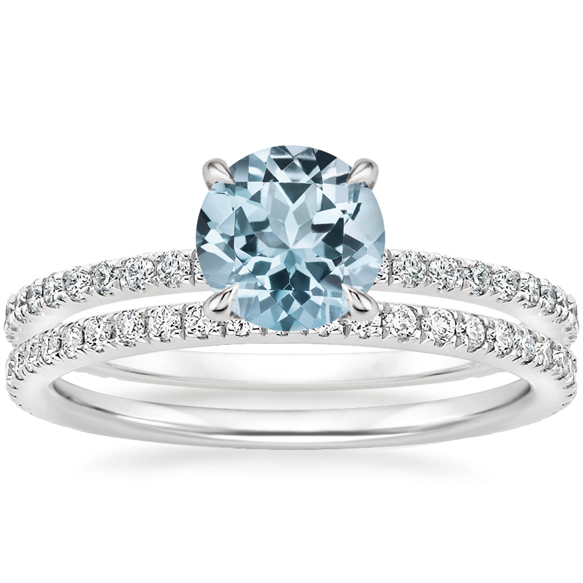 18KW Aquamarine Demi Diamond Ring with Luxe Ballad Diamond Ring, top view