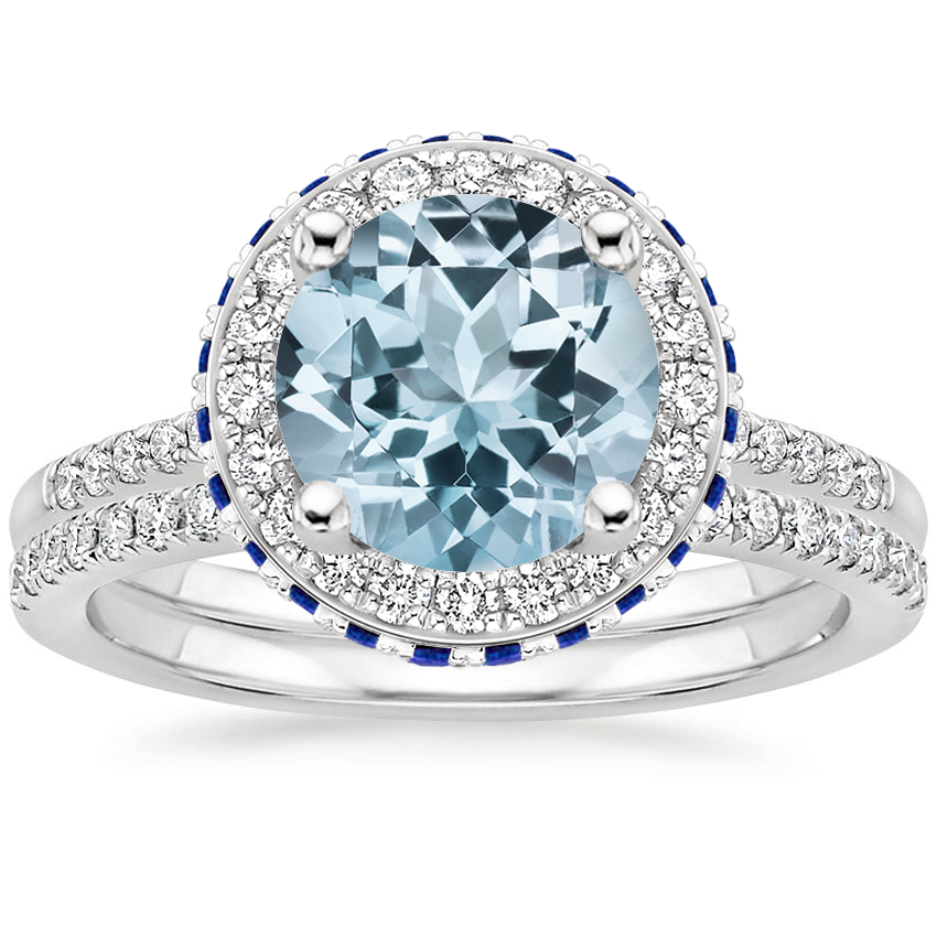 18KW Aquamarine Circa Diamond Ring with Sapphire Accents with Ballad Diamond Ring (1/6 ct. tw.), top view