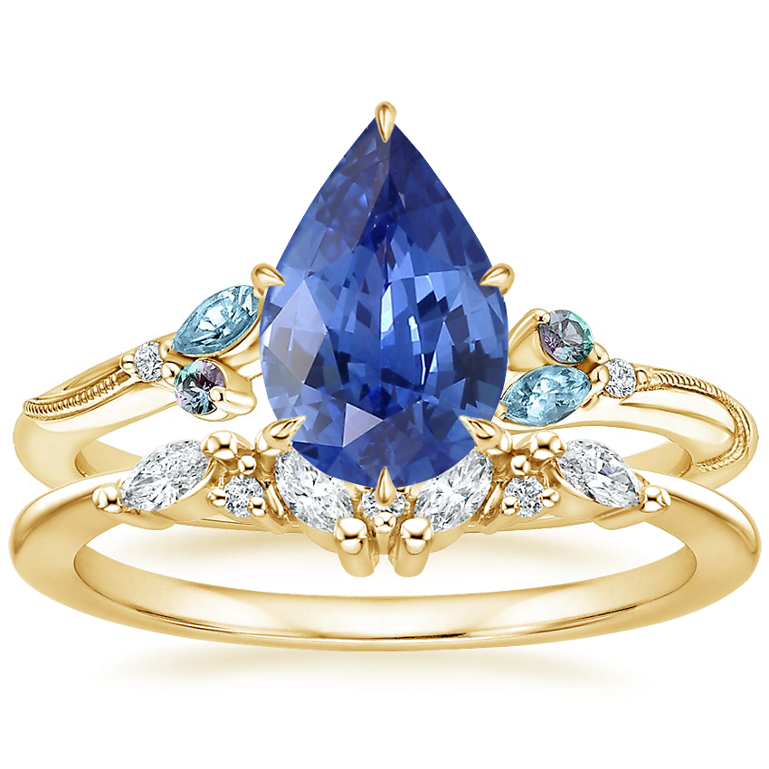 18K Yellow Gold Camellia Indigo Milgrain Ring with Yvette Diamond Ring