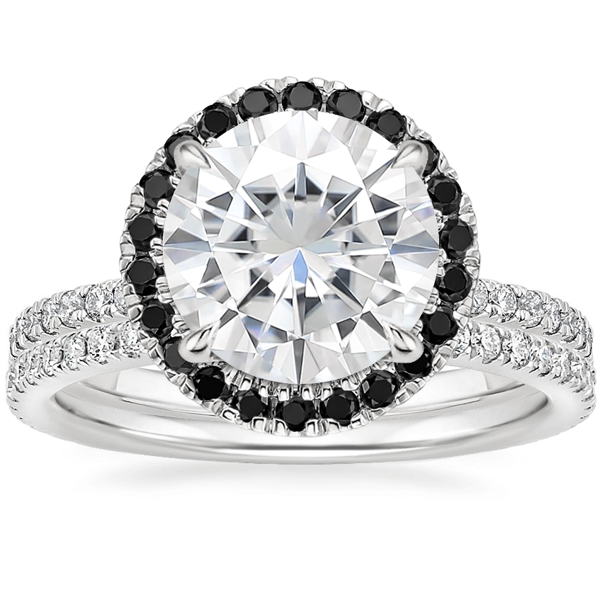 18KW Moissanite Waverly Diamond Ring with Black Diamond Accents with Luxe Ballad Diamond Ring, top view