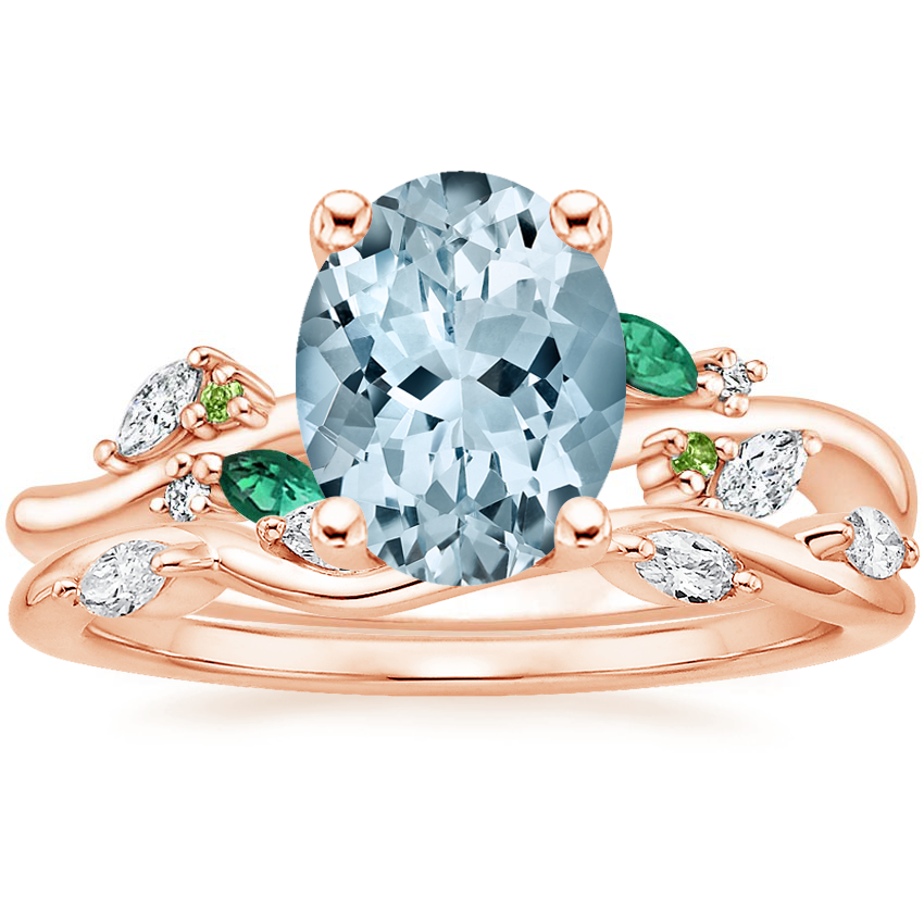 14K Rose Gold Arden Diamond Ring with Lab Emerald Accents with Winding Willow Diamond Ring