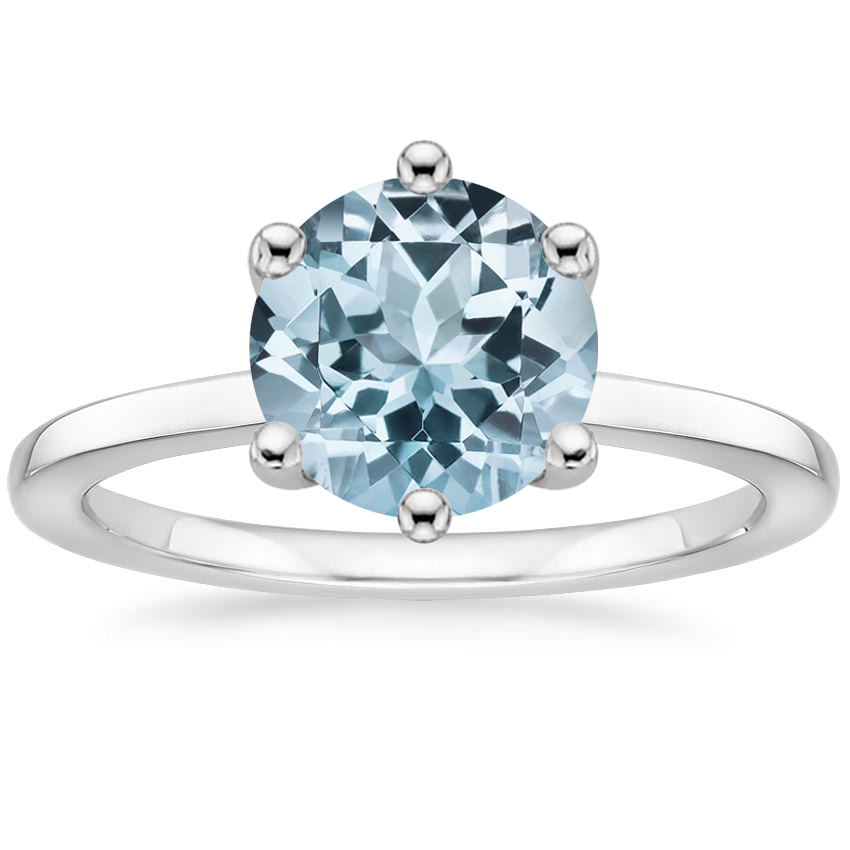Aquamarine Six Prong Hidden Halo Diamond Ring in 18K White Gold