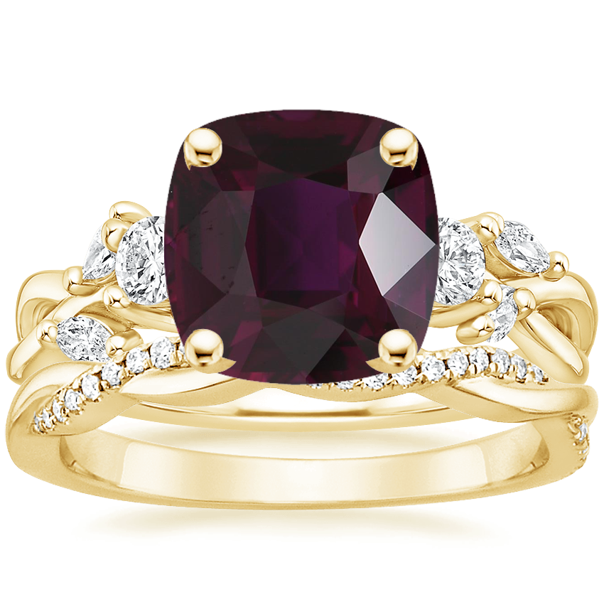 18K Yellow Gold Three Stone Willow Diamond Ring (1/3 ct. tw.) with Petite Twisted Vine Diamond Ring (1/8 ct. tw.)