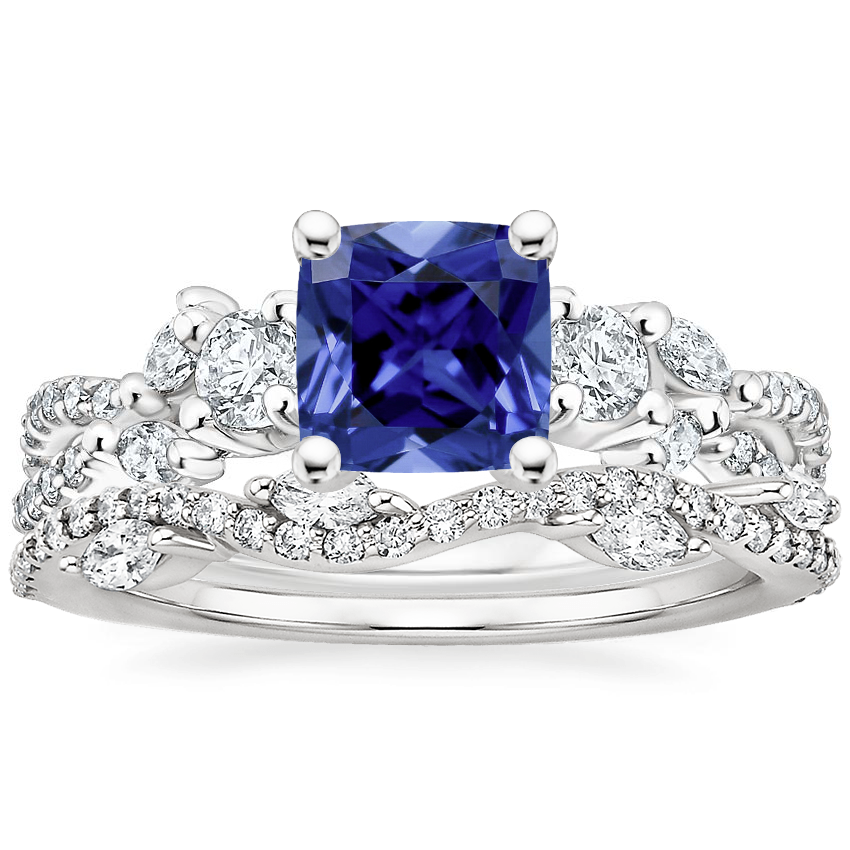 18KW Sapphire Three Stone Luxe Willow Diamond Ring with Luxe Winding Willow Diamond Ring, top view