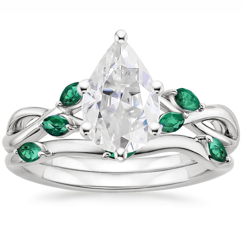 PT Moissanite Willow Bridal Set With Lab Emerald Accents, top view