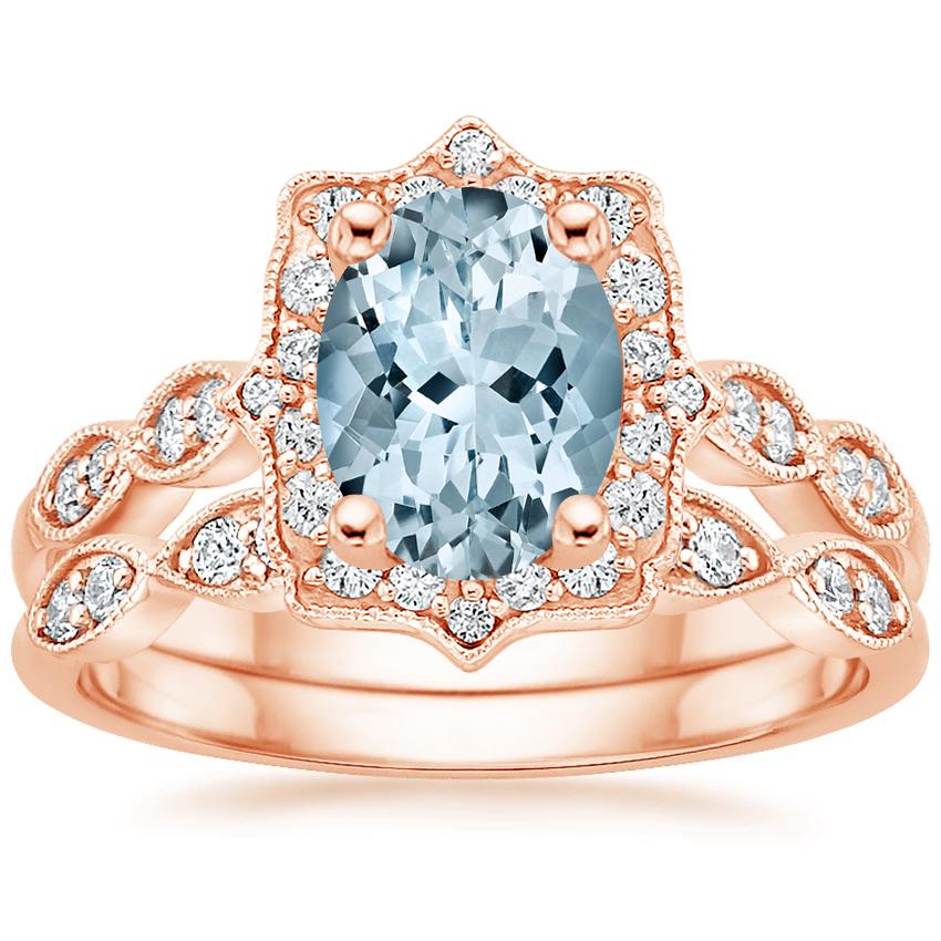 Aquamarine Cadenza Halo Diamond Bridal Set (1/4 ct. tw.) in 14K Rose Gold