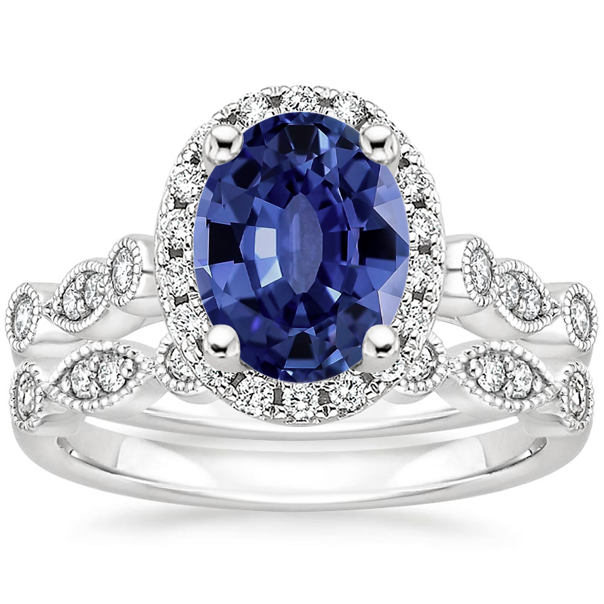 18KW Sapphire Tiara Halo Diamond Bridal Set (1/3 ct. tw.), top view