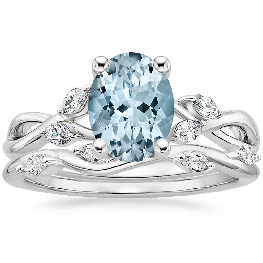 18KW Aquamarine Willow Diamond Ring (1/8 ct. tw.) with Winding Willow Diamond Ring (1/8 ct. tw.), top view