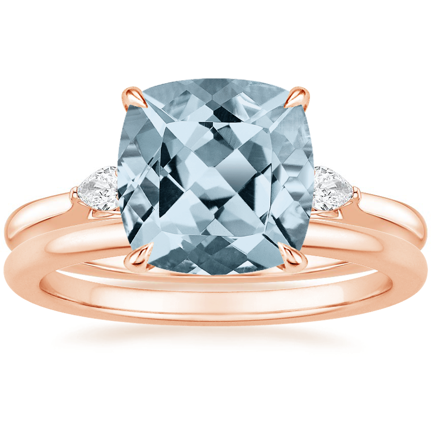 14K Rose Gold Perfect Fit Three Stone Pear Diamond Ring with Petite Comfort Fit Wedding Ring