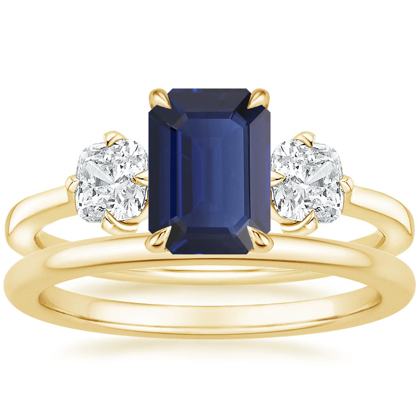 18K Yellow Gold Three Stone Cushion Diamond Ring with Petite Comfort Fit Wedding Ring