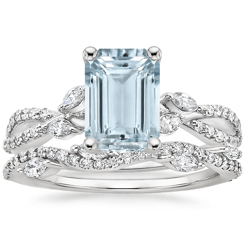 18KW Aquamarine Luxe Willow Diamond Ring (1/4 ct. tw.) with Luxe Winding Willow Diamond Ring (1/4 ct. tw.), top view