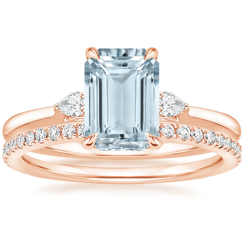 14KR Aquamarine Perfect Fit Three Stone Pear Diamond Ring with Luxe Ballad Diamond Ring, top view