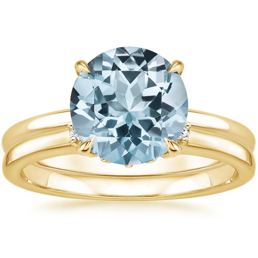 18KY Aquamarine Elodie Ring with Crescent Diamond Ring, top view