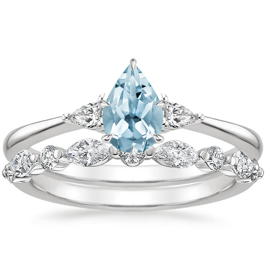 18KW Aquamarine Aria Diamond Ring (1/10 ct. tw.) with Versailles Diamond Ring (3/8 ct. tw.), top view
