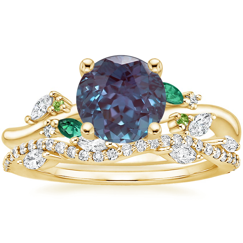 18K Yellow Gold Arden Diamond Ring with Lab Emerald Accents with Luxe Winding Willow Diamond Ring (1/4 ct. tw.)