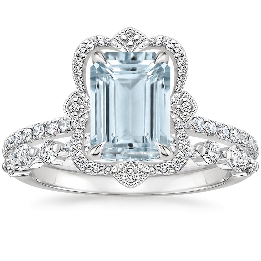 18KW Aquamarine Reina Diamond Ring with Versailles Diamond Ring (3/8 ct. tw.), top view