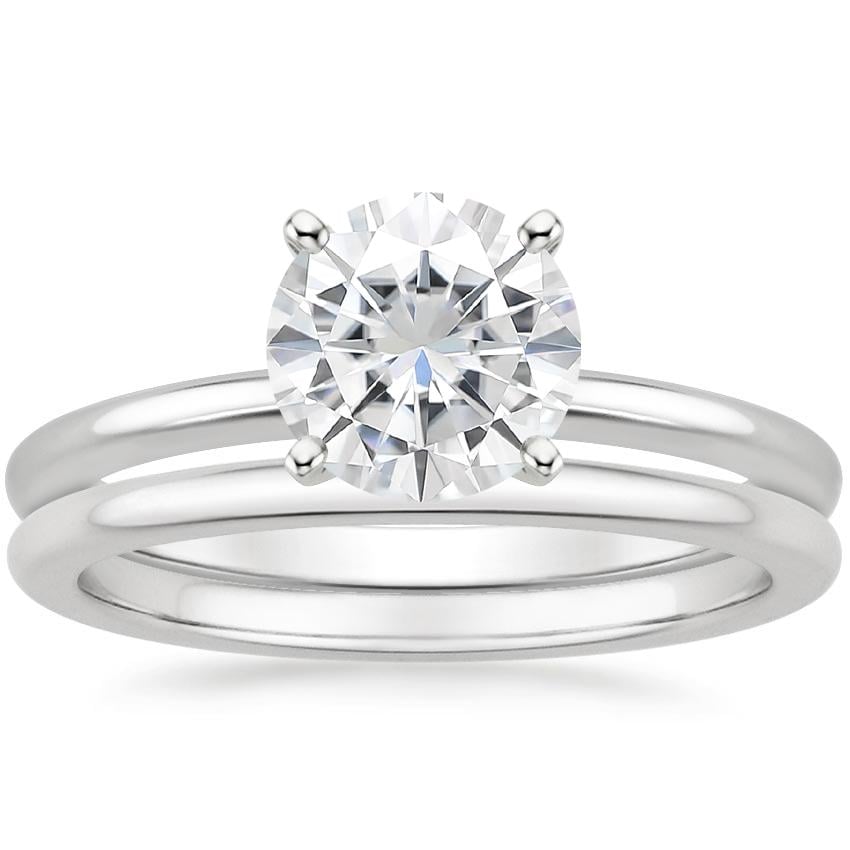 Moissanite Four Prong Petite Comfort Fit Bridal Set in 18K White Gold