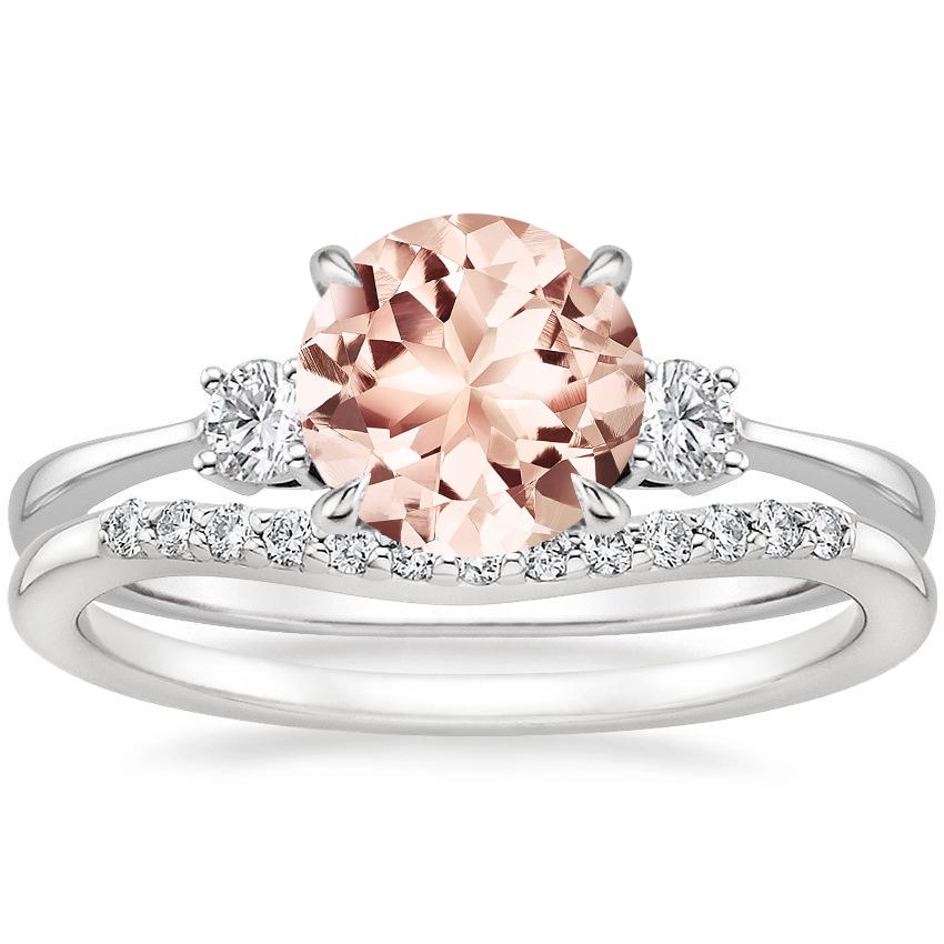 18KW Morganite Selene Diamond Ring with Petite Curved Diamond Ring, top view