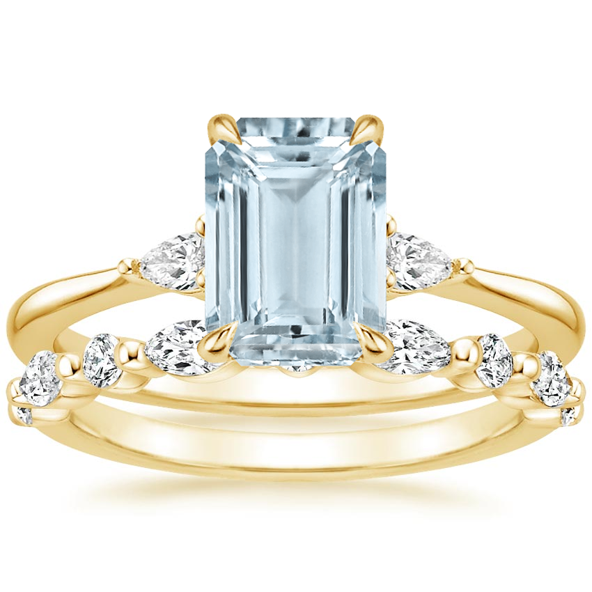 18KY Aquamarine Aria Diamond Ring (1/10 ct. tw.) with Versailles Diamond Ring (3/8 ct. tw.), top view