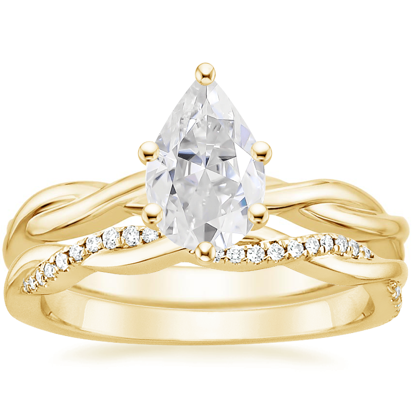 18KY Moissanite Twisted Vine Ring with Petite Twisted Vine Diamond Ring (1/8 ct. tw.), top view
