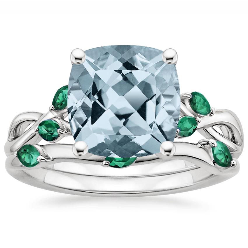 18KW Aquamarine Willow Bridal Set With Lab Emerald Accents, top view