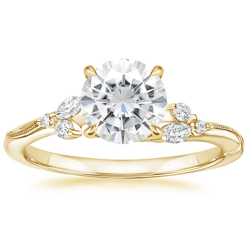 Moissanite Camellia Milgrain Diamond Ring in 18K Yellow Gold