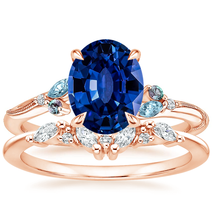 14K Rose Gold Camellia Indigo Milgrain Ring with Yvette Diamond Ring