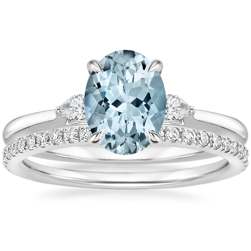 PT Aquamarine Perfect Fit Three Stone Pear Diamond Ring with Luxe Ballad Diamond Ring, top view