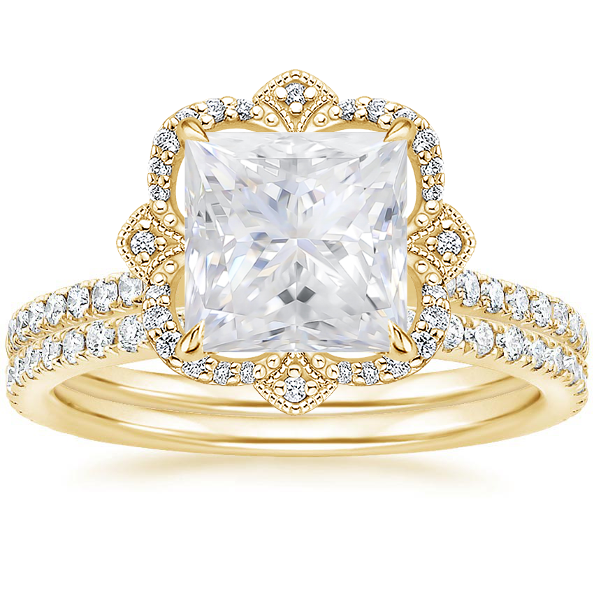 18KY Moissanite Reina Diamond Ring with Luxe Ballad Diamond Ring (1/4 ct. tw.), top view