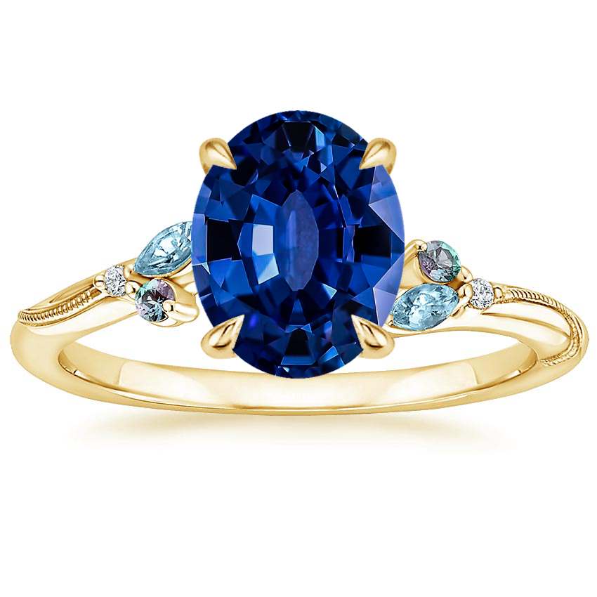 14K Yellow Gold Camellia Indigo Milgrain Ring, large top view