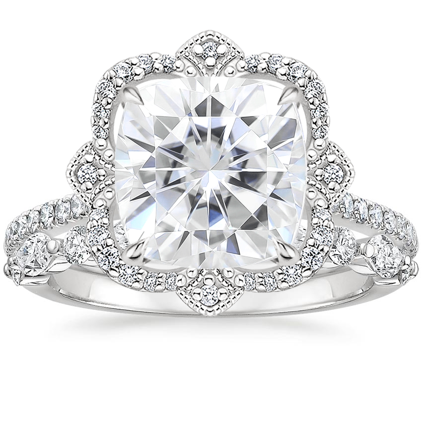 18KW Moissanite Reina Diamond Ring with Versailles Diamond Ring (3/8 ct. tw.), top view