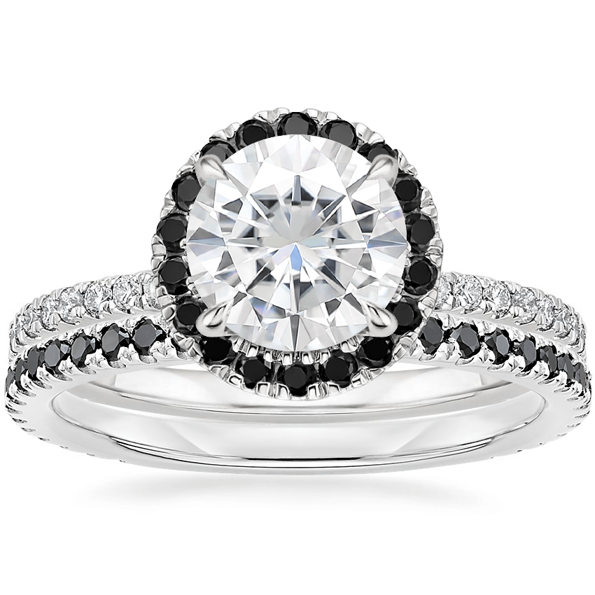 18KW Moissanite Waverly Diamond Ring with Black Diamond Accents with Luxe Ballad Black Diamond Ring, top view