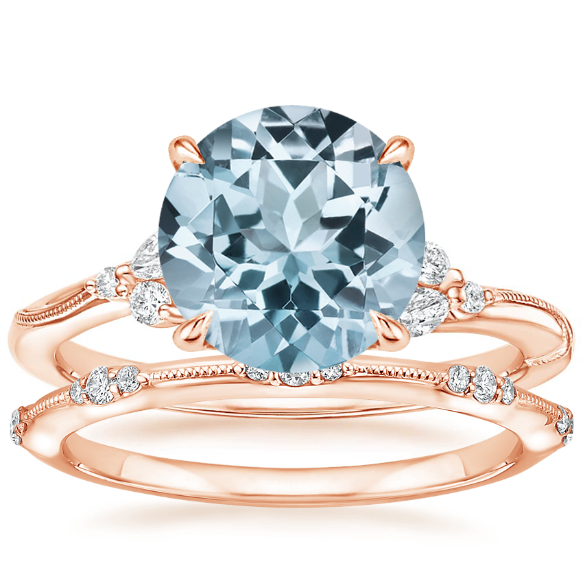 14KR Aquamarine Camellia Diamond Ring with Alena Diamond Ring, top view