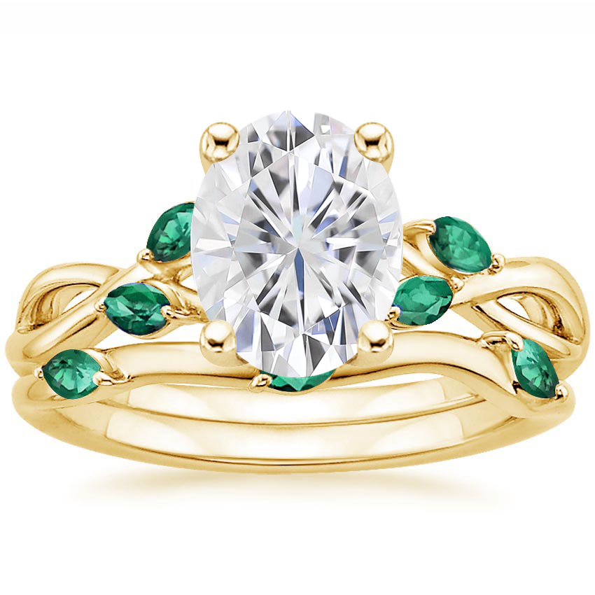 18KY Moissanite Willow Bridal Set With Lab Emerald Accents, top view