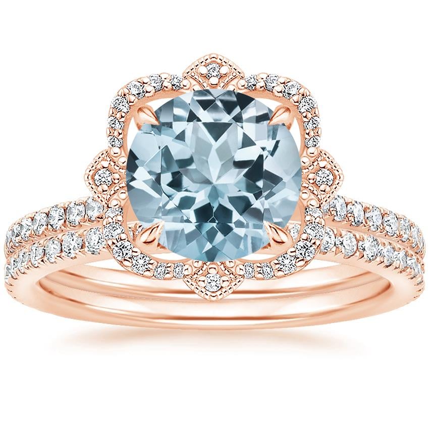 14KR Aquamarine Reina Diamond Ring with Luxe Ballad Diamond Ring (1/4 ct. tw.), top view
